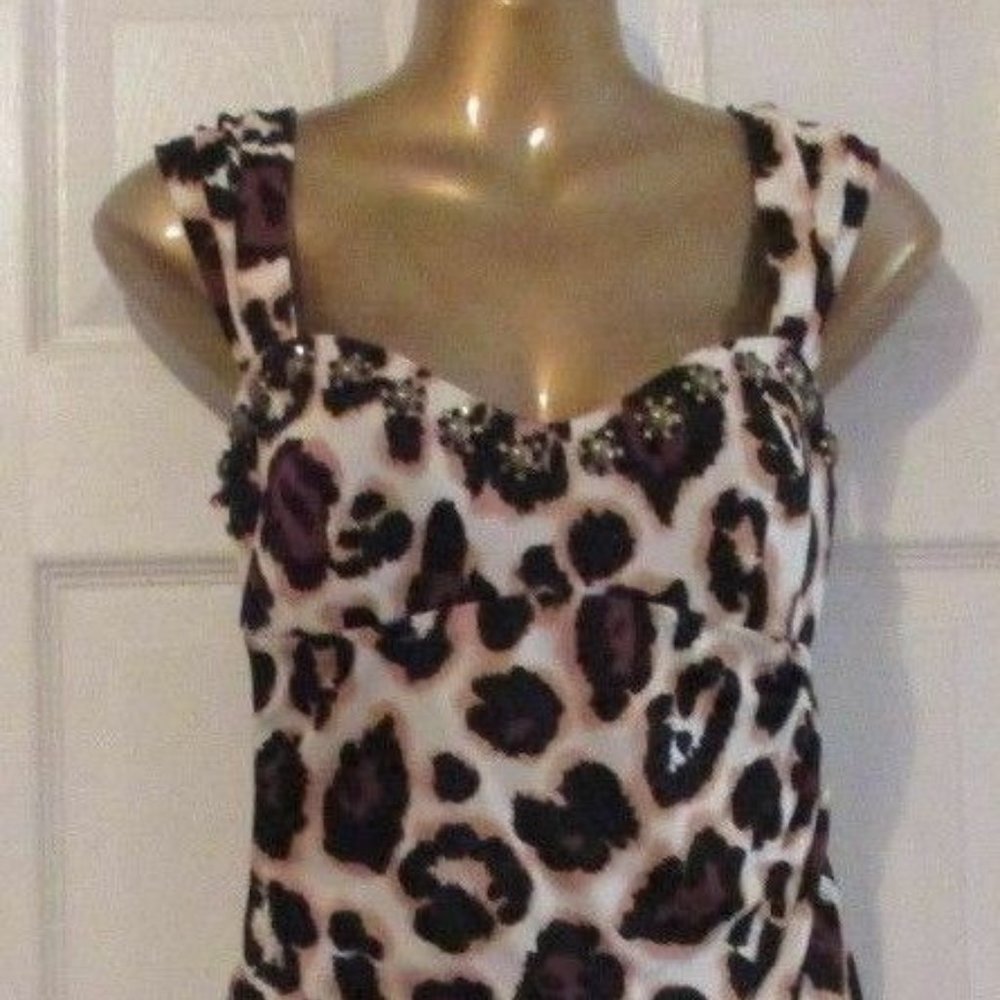 BLUMARINE CRUISE BLACK IVORY BROWN LEOPARD ANIMAL JEWELED DRESS DRAPED 42 44